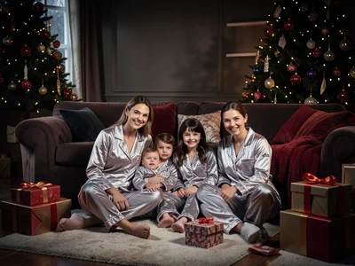 Family in matching pajamas on Christmas morning, living room floor, presents