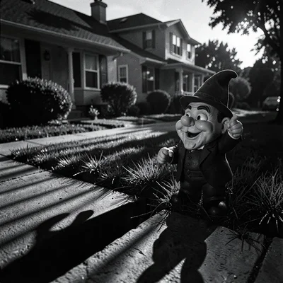 Garden gnome casting sinister shadow, kitschy lawn ornament as witness