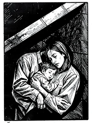 Mother and child huddled together under an angular shadow