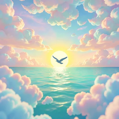 Yellow-glow sun centered low above an aqua sea with a single seagull-shaped icon