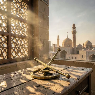 Islamic Cairo geometry, medieval city light, brass astrolabe on worn wooden tabl