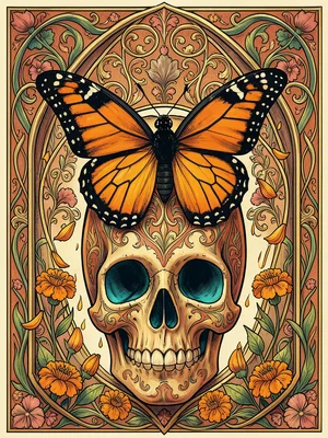 A monarch butterfly perched on a sugar skull, its orange-and-black wings spread 