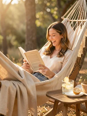 A woman reading a paperback in a hammock with a glass of lemon water on a side t