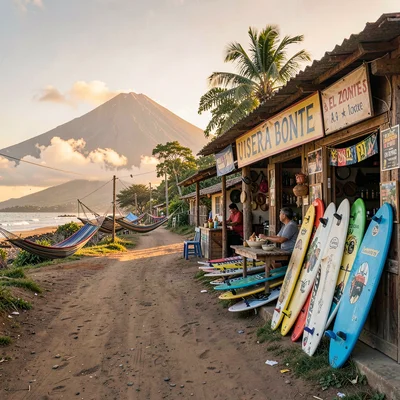 Pupusería golden hour in El Salvador, A surf shop at El Zonte, boards stacked ou