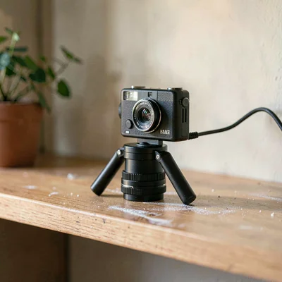 Minimal still of a small camera-stabilizer rig resting on a chalk shelf