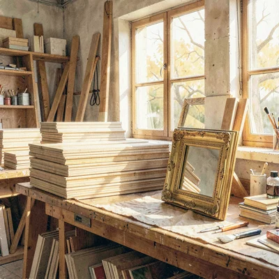 Warm gouache painting of a sunlit framing workshop with stacks of moulding lengt
