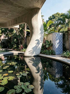 Curved concrete column emerging from lily pond, reflection doubling its form