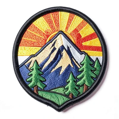 Embroidered patch illustration, Mountain peak with sunrise and pine trees , meri