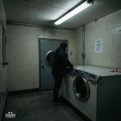 Laundromat at 3am with one person waiting by tumbling dryer