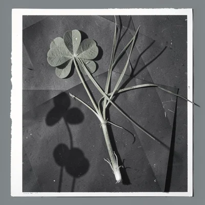 A botanical photogram — pressed clover and grass stems on dark ground