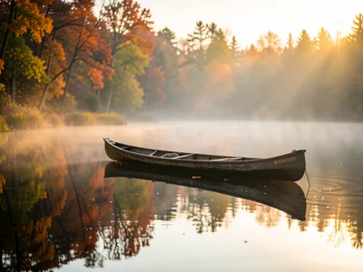 Canoe on a calm lake, autumn trees reflected in water, early morning mist