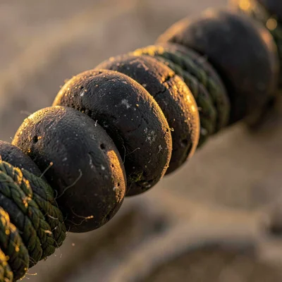 Detail of a coiled lane-line buoy chain, deep mineral shadow along the discs, wa