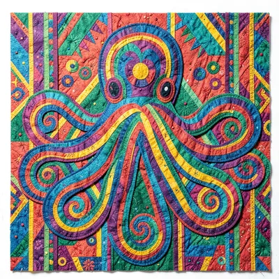 Panamanian mola textile illustration, an octopus with tentacles in spiral layers