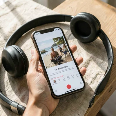 Soft natural light photograph, Meditation app on phone screen, headphones ready,