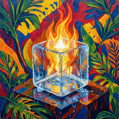 Fire ice cube, frozen flame, cold but looks hot, condensation on surface