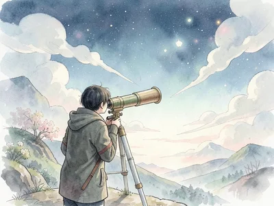 Person looking through telescope, what they see fills the entire sky around them