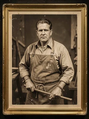 Blacksmith at his forge, leather apron, heavy arms, one hand on hammer, looking 