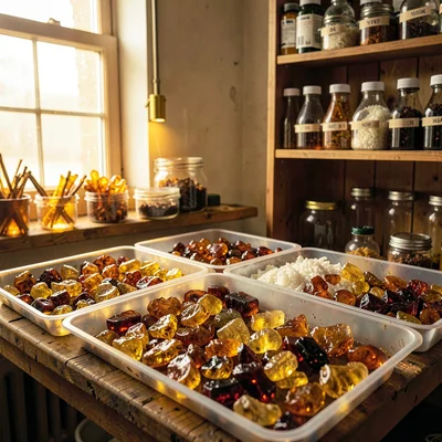 Baltic amber luminescence, backlit golden-brown, Amber workshop interior, pieces