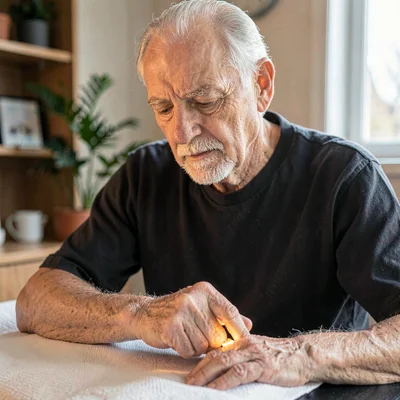 A focused white acupressure therapist in his fifties pressing a slow thumb point