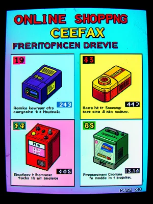 Online shopping as Ceefax catalogue, product images in crude vectors, price in c