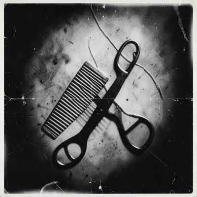Man Ray-style rayograph: a comb, scissors, and thread creating overlapping shado