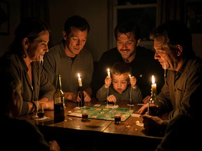 A family playing Monopoly during a power outage, candles in wine bottles drippin