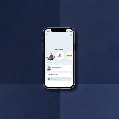 Catalog shot of a smartphone showing an app interface mockup on a deep navy colo