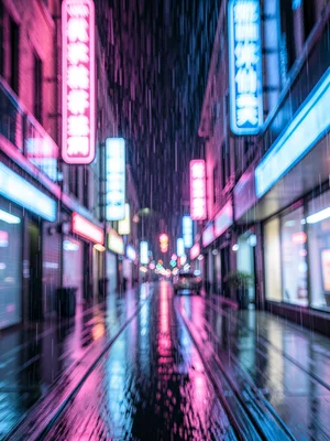 Rain falling past neon signs creating vertical streaks of pink and blue light