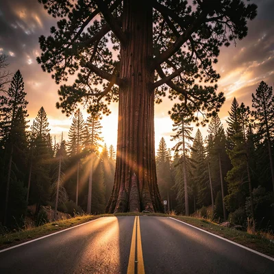 Majestic redwood tree standing alone in a median strip
