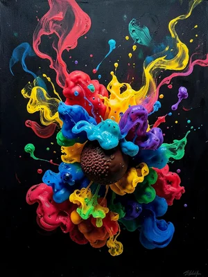 Chocolate truffles dissolving into abstract ink clouds, dark moody background