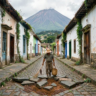 Volcano-framed colonial streets of Antigua Guatemala, A coffee plantation worker