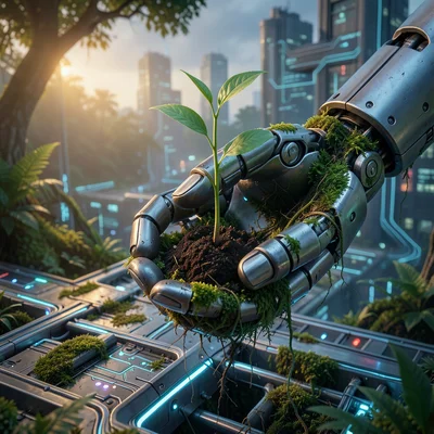 Robot hand gently holding a sprouting seedling, contrast of metal and organic li