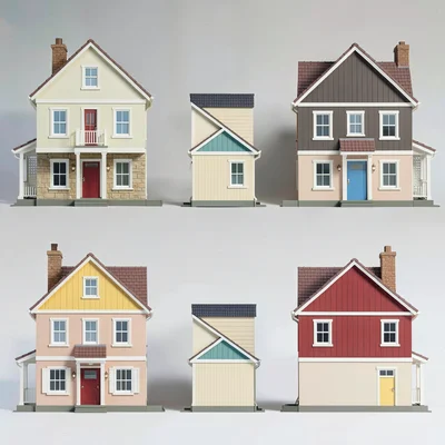 Block-color flat of a dollhouse shown front, side, back elevations on tonal swee
