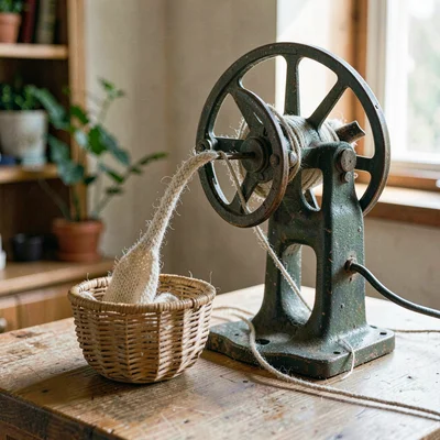 Three-quarter still life of a vintage circular sock-knitting machine with a half