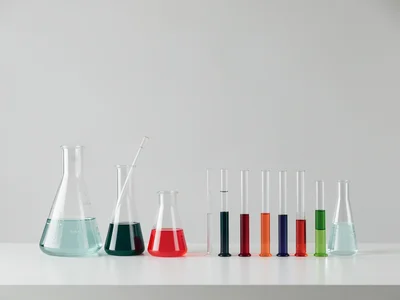 Science lab with beakers and test tubes, colored liquids, clean modern setup