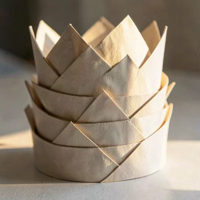 Stacked paper crowns nested into a tight column, each tip catching a different a