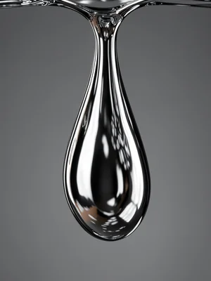 Chrome drip hanging from above edge, elongated teardrop shape, gravity pulling m