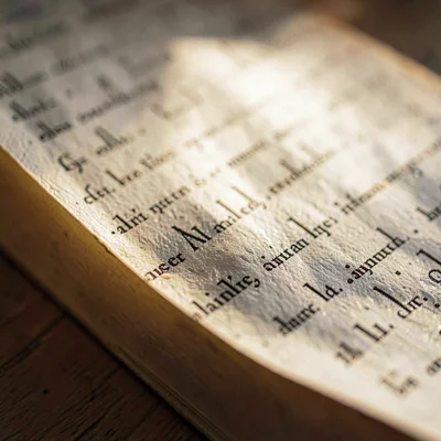 Vertical macro of a single manuscript page mid-turn, raking light across the tex