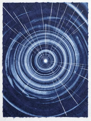 A meteor shower as dozens of thin ink streaks radiating from a common point on d