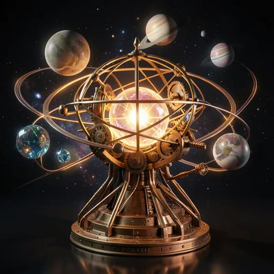 Orrery showing impossible planetary system, gemstone planets orbiting a glowing 