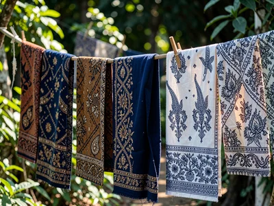 A row of finished batik sarongs hanging on a line to dry in dappled outdoor ligh