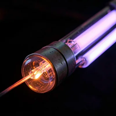 The electrode end of a tube: the metal housing, the glow concentrated near the c
