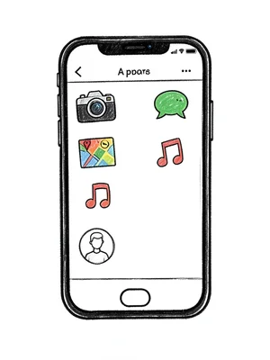A hand-drawn phone screen showing an app layout with doodle icons: camera, chat,