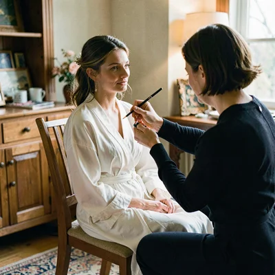 Vertical portrait of a bride seated in a chair with a robe, artist working over 