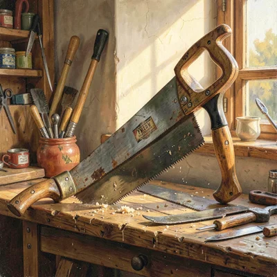 Warm hero of a long pruning saw and a restored bowsaw leaning against a workbenc