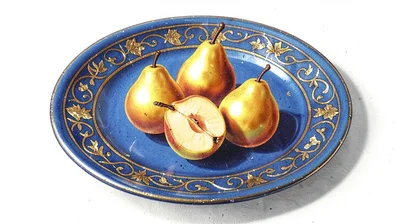 Egg tempera illustration, golden pears on blue ceramic plate , yolk-bound pigmen
