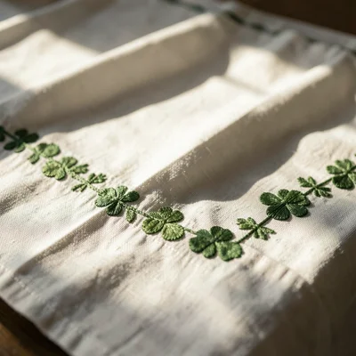 Vintage Irish linen tablecloth with hand-embroidered shamrock border, crisp whit