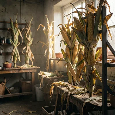 Workshop scene with bundles of corn drying on a rack, dim warm light pooling
