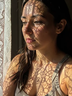 Lace curtain shadow patterns on woman's skin, afternoon window light