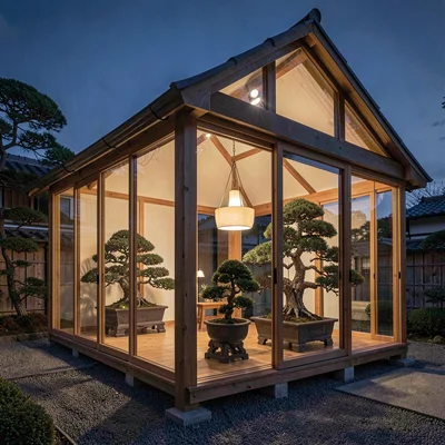 Soft-wash interior of a glass-walled bonsai pavilion at dusk, warm interior glow